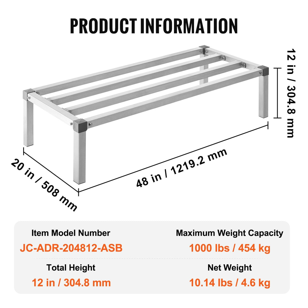 Aluminum Dunnage Rack, 48' x 20' Commercial Food Floor Rack, 12' Off the Floor, 1000 lbs Capacity All-Welded Aluminum Storage Rack, for Storage in Restaurants, Kitchens, Garages and Vehicles