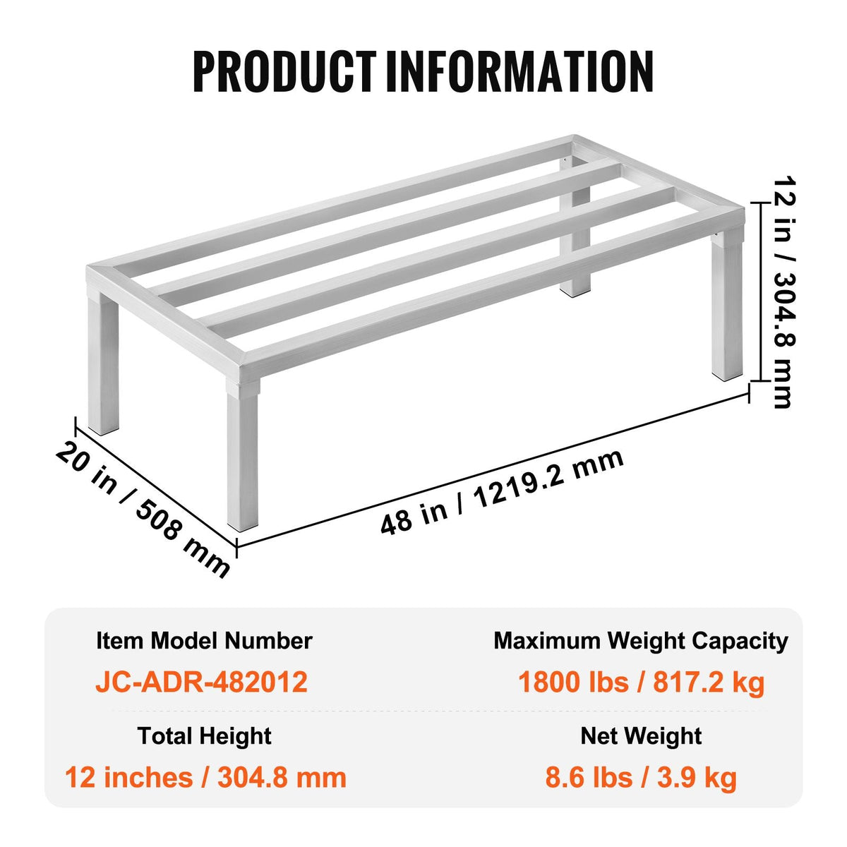 Aluminum Dunnage Rack, 48' x 20' Commercial Food Floor Rack, 12' Off the Floor, 1800 lbs Capacity All-Welded Aluminum Storage Rack, for Storage in Restaurants, Kitchens, Garages and Vehicles