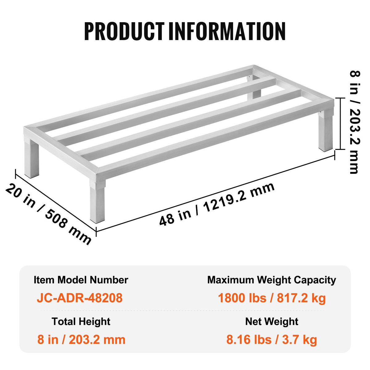 Aluminum Dunnage Rack, 48' x 20' Commercial Food Floor Rack, 8' Off the Floor, 1800 lbs Capacity All-Welded Aluminum Storage Rack, for Storage in Restaurants, Kitchens, Garages and Vehicles