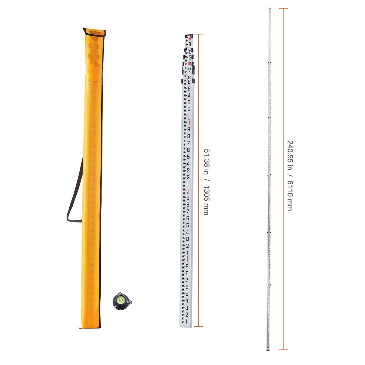 Aluminum Grade Rod, 20-Feet/10ths 6 Sections Telescopic Measuring Rod,Double-Sided Scale 1/10ft Leveling Rod Stick, Aluminum Alloy Survey Rod w/ Bubble Level &Carrying Bag for Houses,Walls,Floor