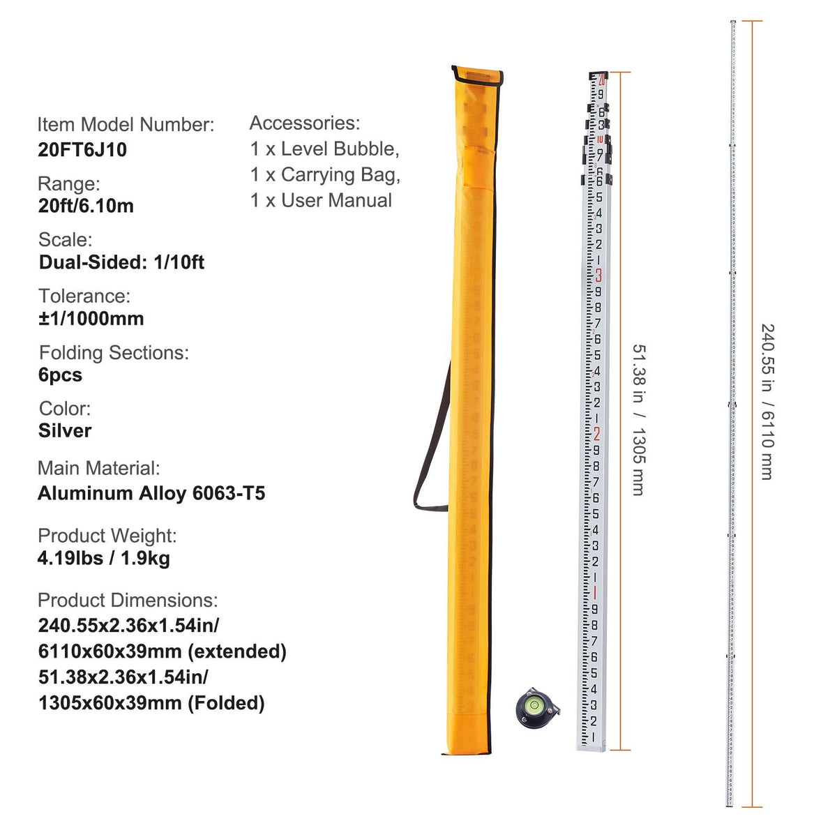 Aluminum Grade Rod, 20-Feet/10ths 6 Sections Telescopic Measuring Rod,Double-Sided Scale 1/10ft Leveling Rod Stick, Aluminum Alloy Survey Rod w/ Bubble Level &Carrying Bag for Houses,Walls,Floor