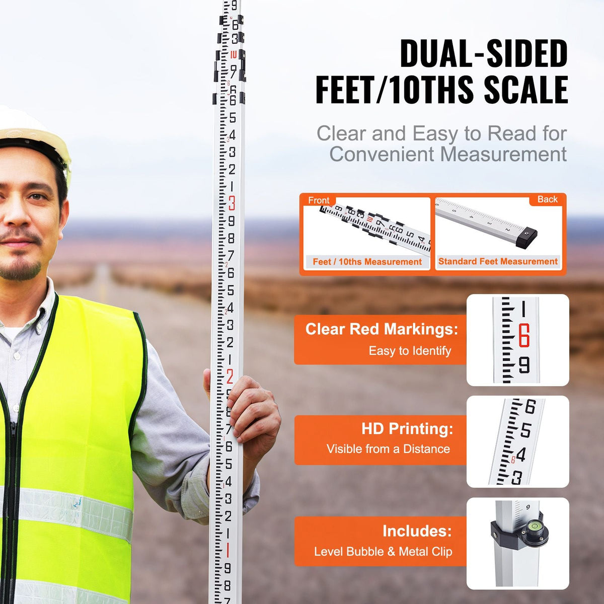 Aluminum Grade Rod, 20-Feet/10ths 6 Sections Telescopic Measuring Rod,Double-Sided Scale 1/10ft Leveling Rod Stick, Aluminum Alloy Survey Rod w/ Bubble Level &Carrying Bag for Houses,Walls,Floor