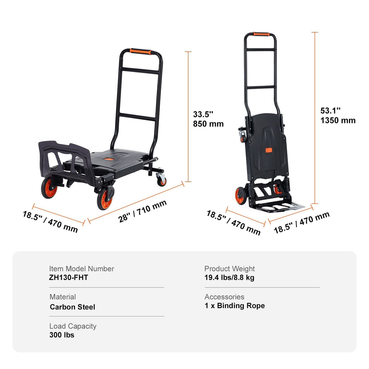 Aluminum Hand Truck, 2 in 1, 300 lbs Load Capacity, Heavy Duty Industrial Convertible Folding Hand Truck and Dolly, Utility Cart Converts from Hand Truck to Platform Cart with Rubber Wheels