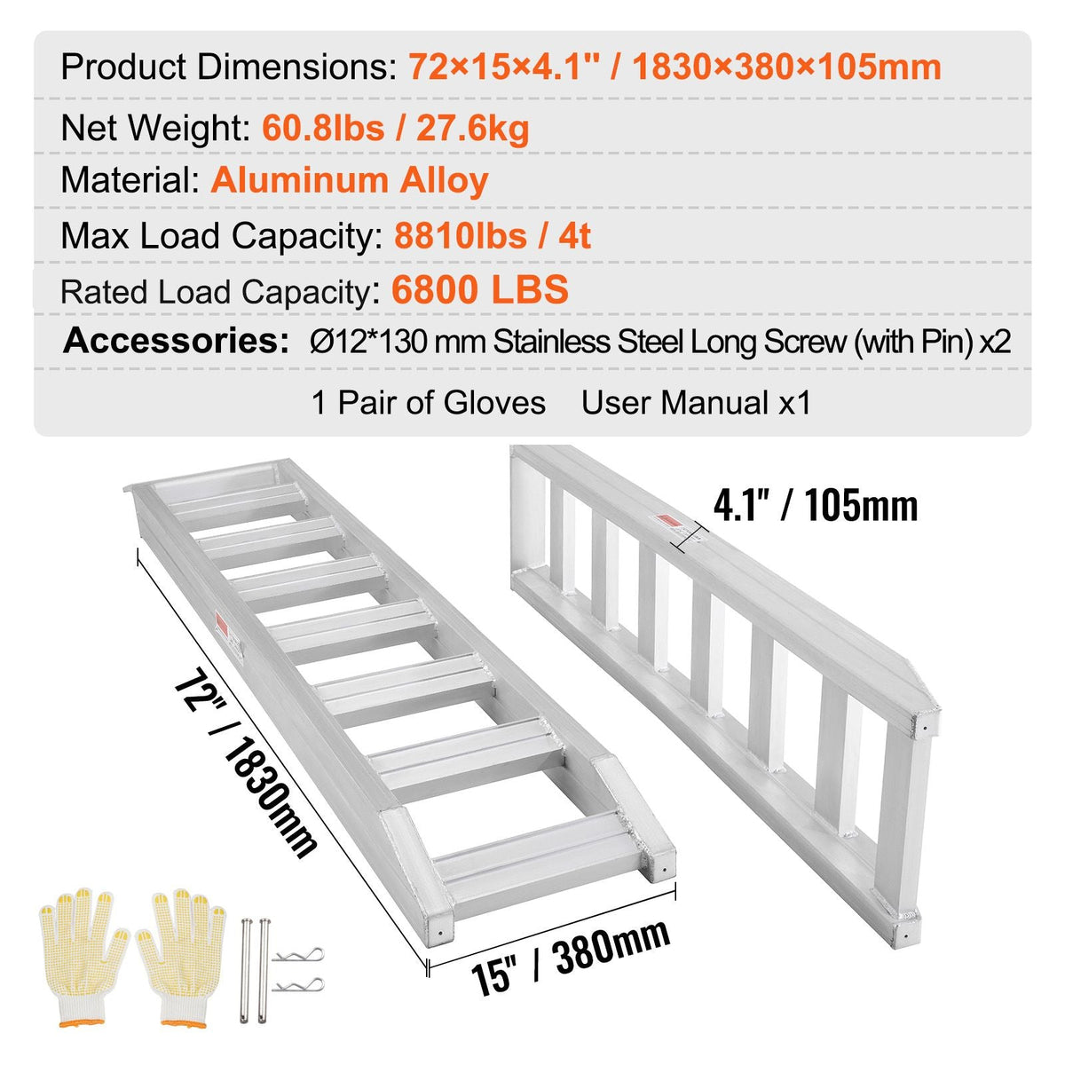Aluminum Ramps, 8810 lbs, Heavy-duty Ramps with Top Hook Attaching End, Universal Loading Ramp for Motorcycle, Tractor, ATV/UTV, Trucks, Lawn Mower, 72"L x 15"W, 2Pcs