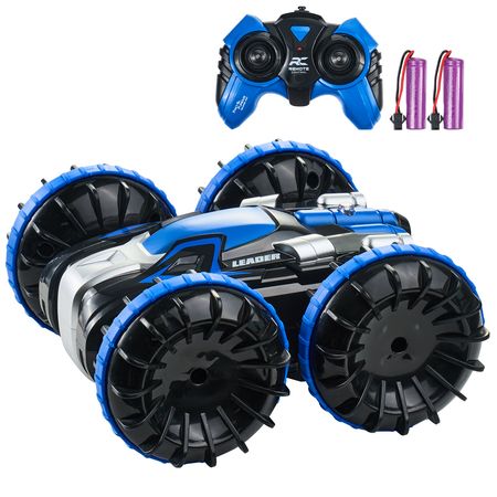 Amphibious Remote Control Car Boat, 2.4GHz 12 km/h, 4WD Waterproof RC Car for Kids, 360° Rotating Stunt Car with 2 Batteries, All Terrain Water Beach Pool Toy for 6+ Year Old Boys Girls, Blue