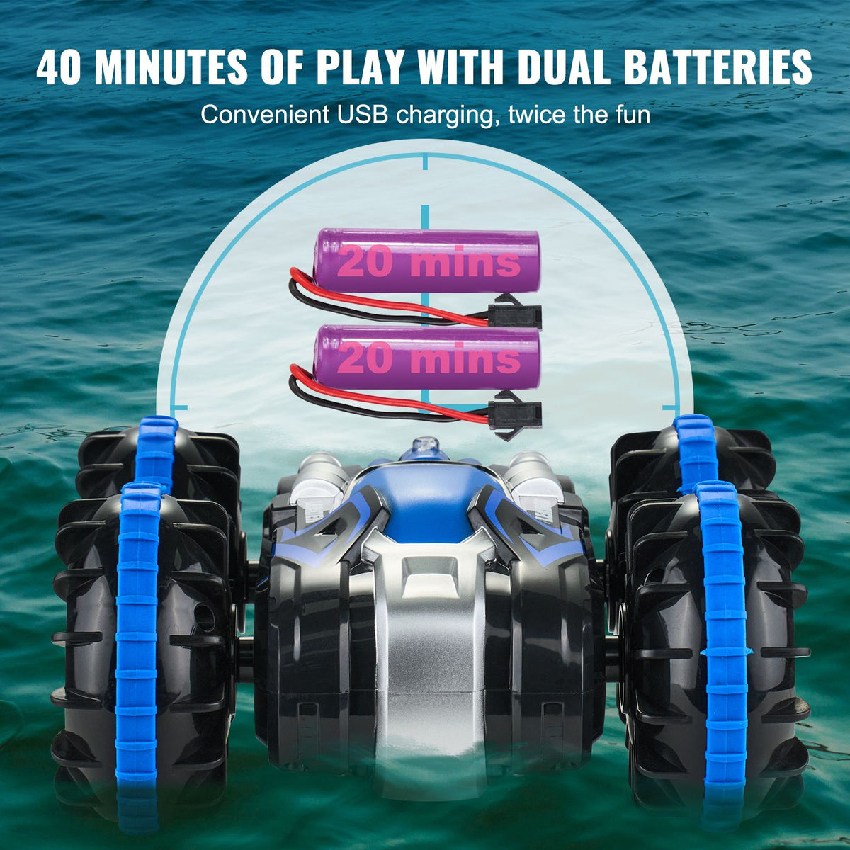Amphibious Remote Control Car Boat, 2.4GHz 12 km/h, 4WD Waterproof RC Car for Kids, 360° Rotating Stunt Car with 2 Batteries, All Terrain Water Beach Pool Toy for 6+ Year Old Boys Girls, Blue