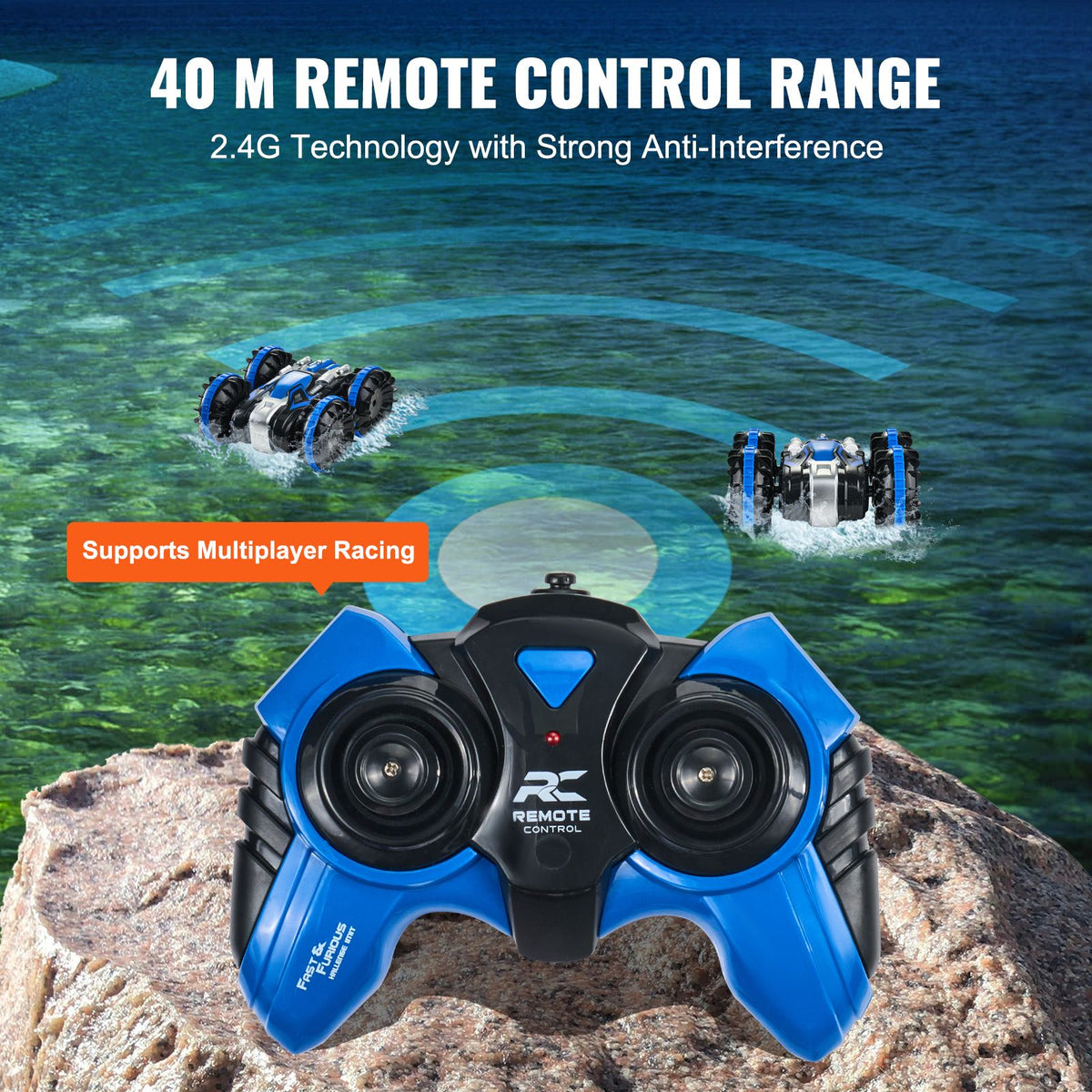 Amphibious Remote Control Car Boat, 2.4GHz 12 km/h, 4WD Waterproof RC Car for Kids, 360° Rotating Stunt Car with 2 Batteries, All Terrain Water Beach Pool Toy for 6+ Year Old Boys Girls, Blue