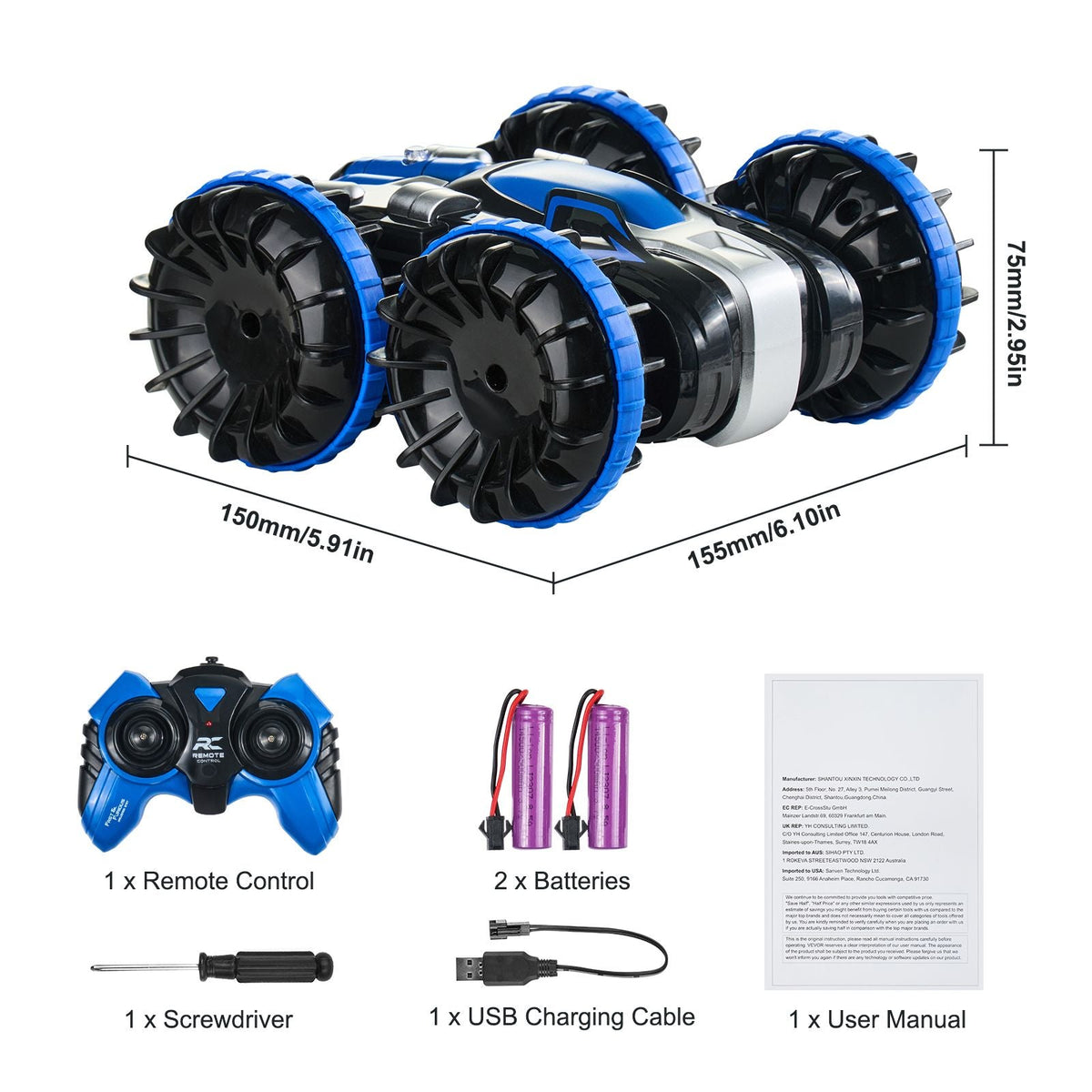 Amphibious Remote Control Car Boat, 2.4GHz 12 km/h, 4WD Waterproof RC Car for Kids, 360° Rotating Stunt Car with 2 Batteries, All Terrain Water Beach Pool Toy for 6+ Year Old Boys Girls, Blue