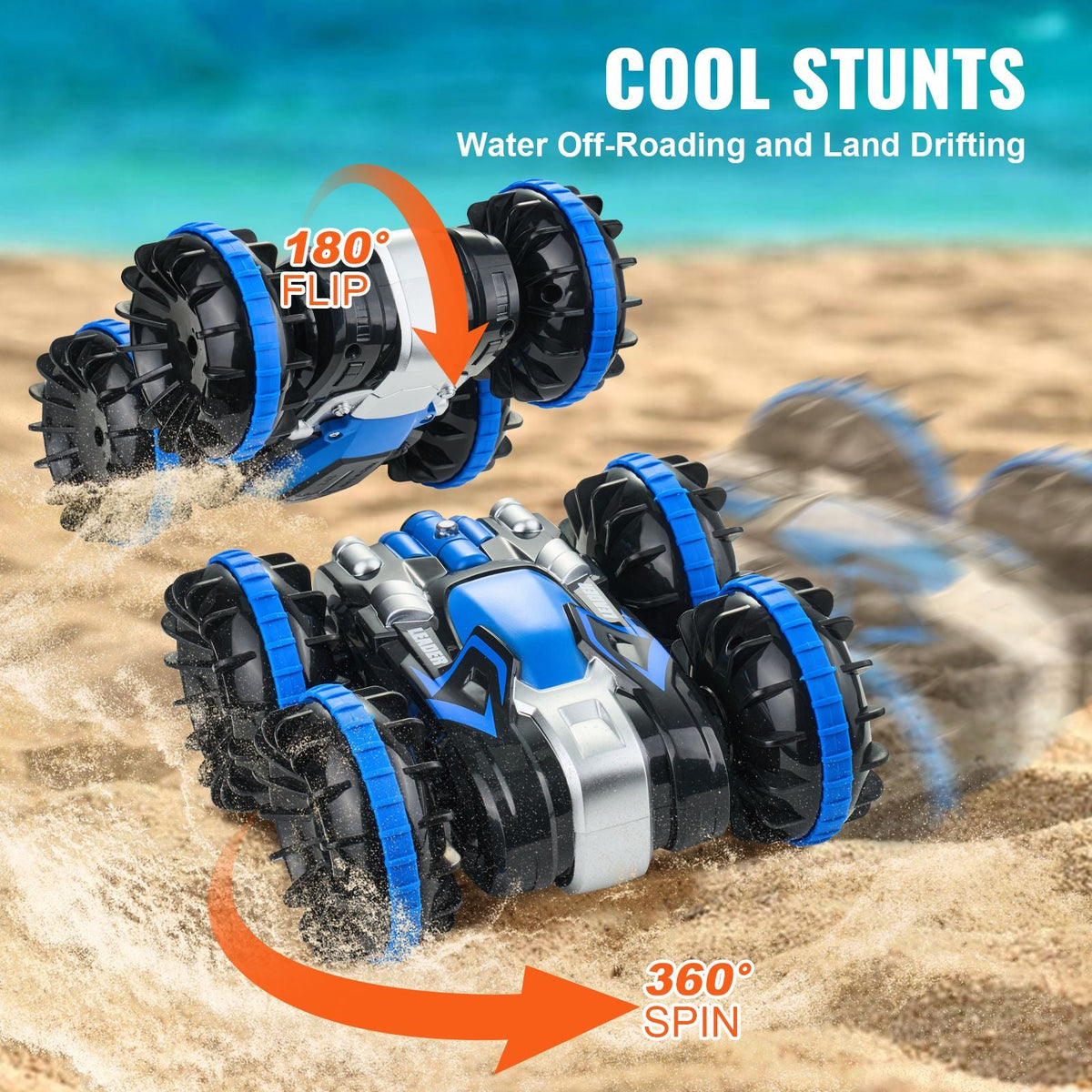 Amphibious Remote Control Car Boat, 2.4GHz 12 km/h, 4WD Waterproof RC Car for Kids, 360° Rotating Stunt Car with 2 Batteries, All Terrain Water Beach Pool Toy for 6+ Year Old Boys Girls, Blue