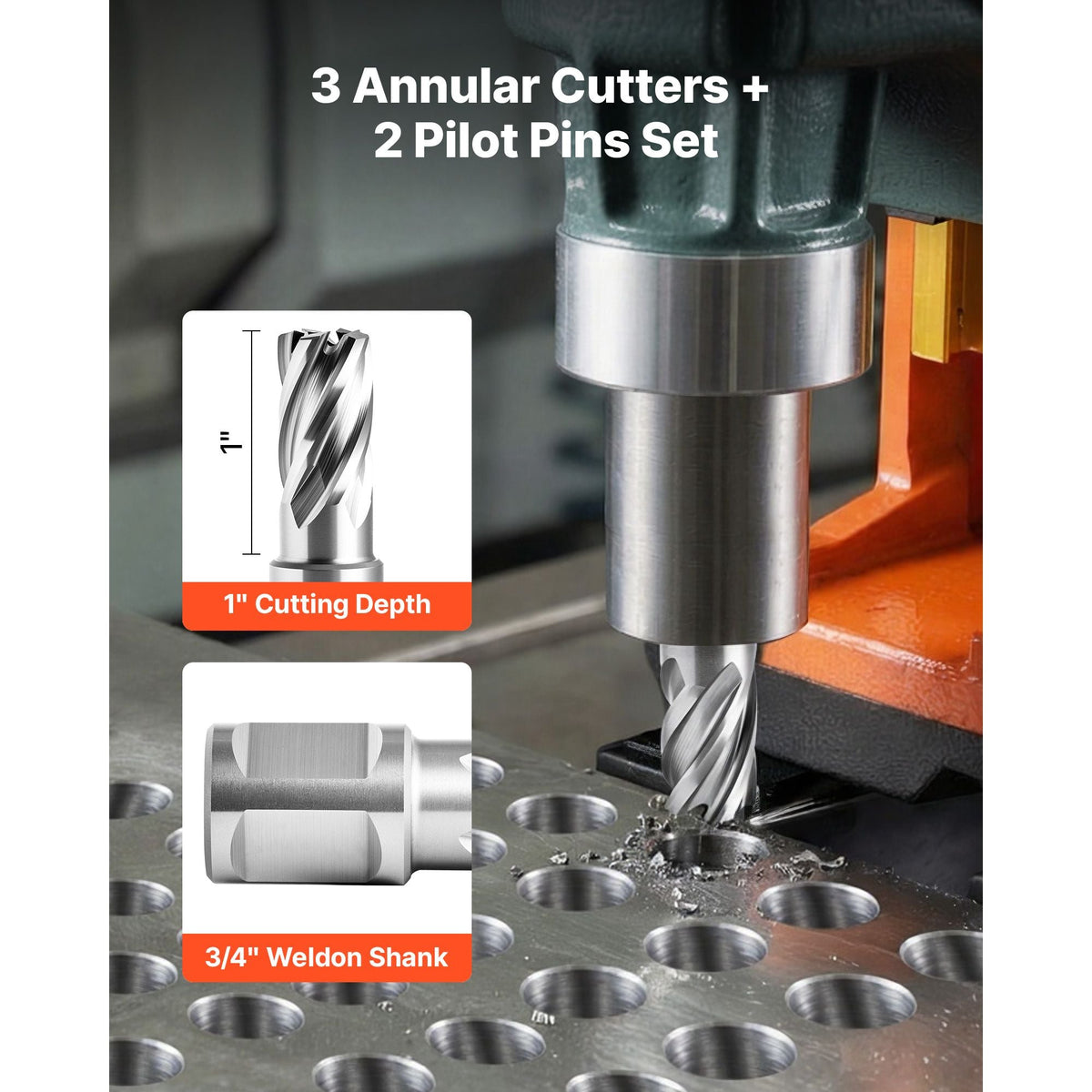 Annular Cutter Set, 5 pcs Weldon Shank Mag Drill Bits Kit, 1" Cutting Depth, 1/2", 5/8", 1" Cutting Diameter, HSS, 3 Drill Bits with 2 Pilot Pins and 3 Plastic Cases, for Magnetic Drills, Steel