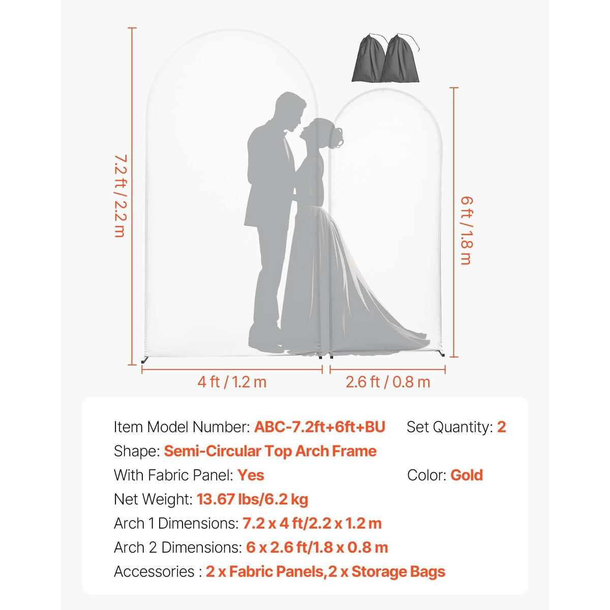 Arch Backdrop Stand, Set of 2, 7.2 ft and 6 ft, Stable Structure, Easy Assembly, Gold Metal Arch Backdrop Stand with Cover for Wedding, Birthday Party, Celebration, and Ceremony Decoration
