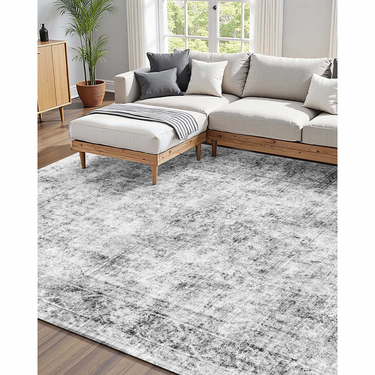 Area Rug, 6 x 9 ft Large Washable Boho Rug, Non-Slip and Tear-Resistant Soft Carpet, Pet & Child Friendly Bohemian Area Rugs, Indoor Mat for Bedroom, Living Room, Kids Room, Entryway, Gray