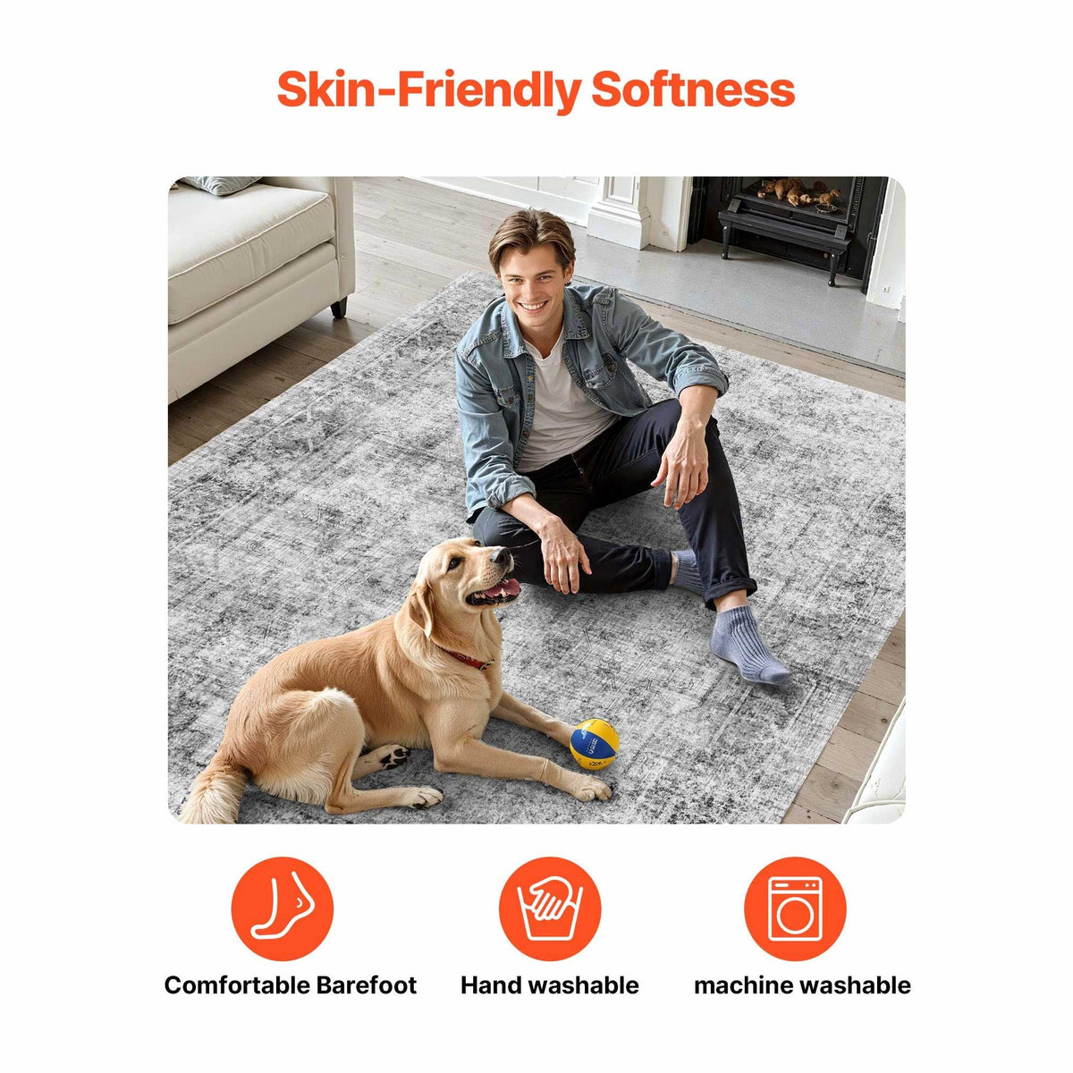 Area Rug, 6 x 9 ft Large Washable Boho Rug, Non-Slip and Tear-Resistant Soft Carpet, Pet & Child Friendly Bohemian Area Rugs, Indoor Mat for Bedroom, Living Room, Kids Room, Entryway, Gray