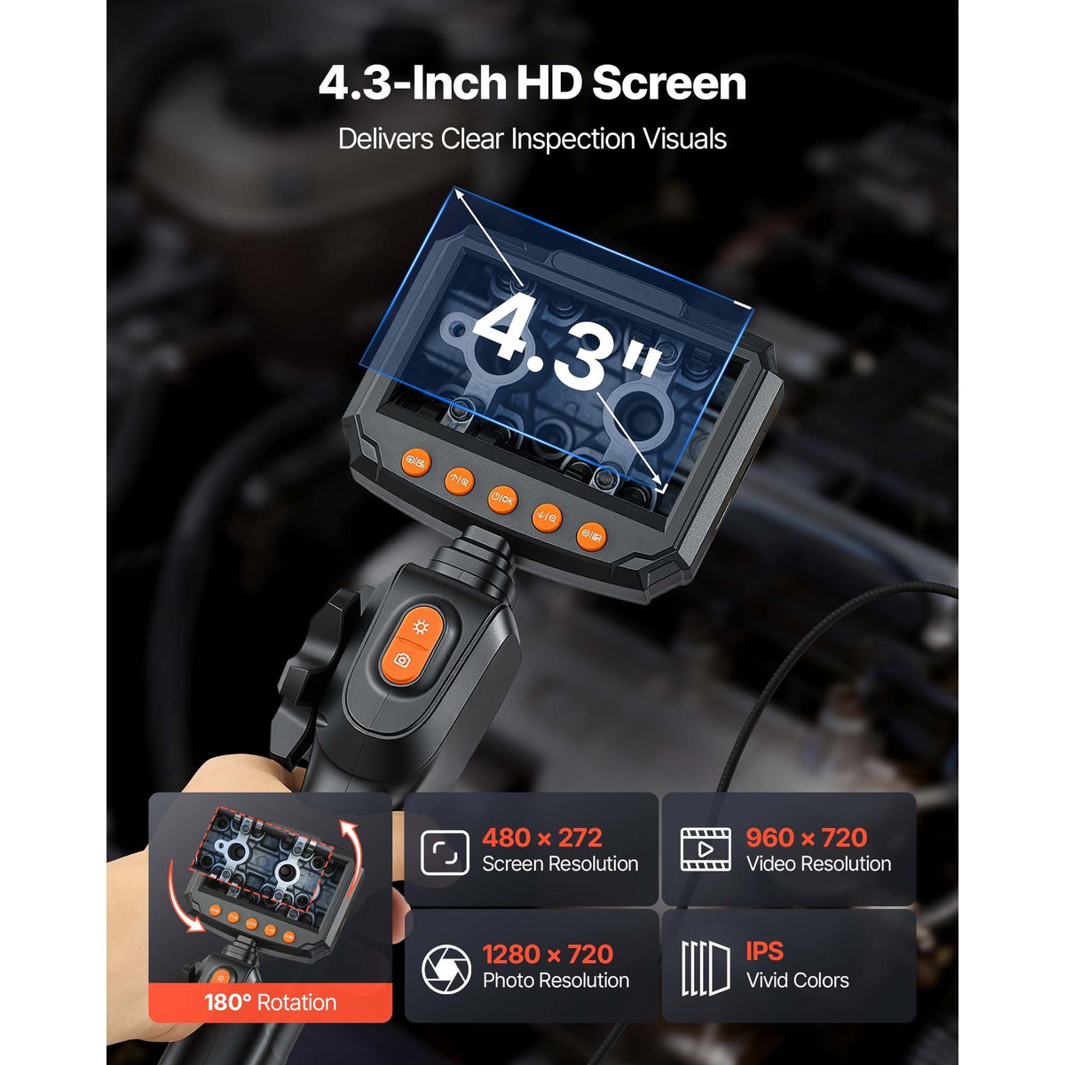 Articulating Borescope with 0.15" Ultra Slim Lens, Two-Way Articulated Endoscope with Light, 4.3" IPS Screen, 1280 x 720 HD Lens, 8X Zoom Inspection Camera for Automotive, Tight Mechanical Space