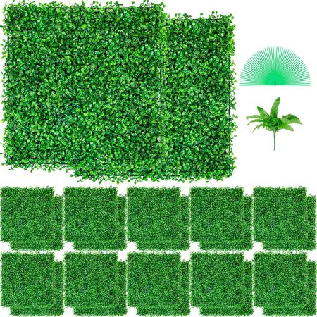 Artificial Boxwood Panel UV 24pcs Boxwood Hedge Wall Panels Artificial Grass Backdrop Wall 10\" X 10\" 4 cm Green Grass Wall, Fake Hedge for Decor Privacy Fence Indoor, Outdoor Garden Backyard