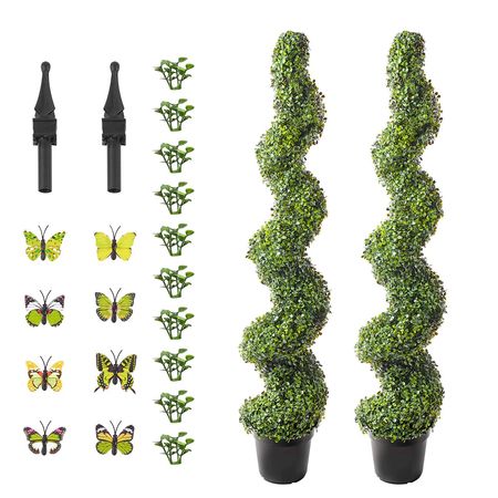 Artificial Boxwood Topiary Tree, 60 inch Tall (2 Pieces), Spiral Faux Topiary Trees, Faux Plant w/ Extra Leaves & Pot & Small Decoration, UV Rated Greenery Set for Home Decor Indoor/Outdoor