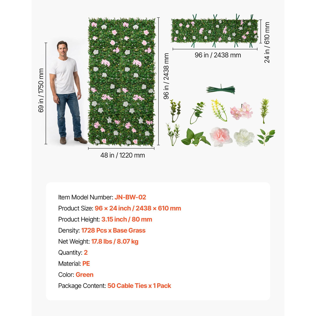 Artificial Luxury Flower Wall Backdrop, 2 PCS, Each Panel 2 x 8 ft, Gorgeous 3D Silk Floral Backdrop Pet Friendly, Easy Installation Flower Wall Panel for Wedding, Event, Party and Home Decor