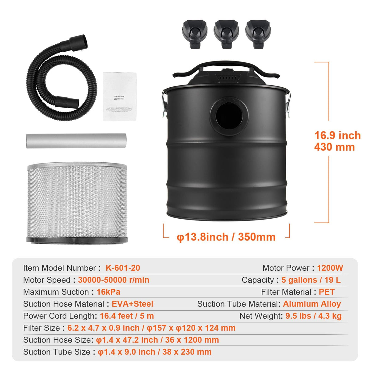 Ash Vacuum Cleaner, 5 Gallon with 1200W Powerful Suction, Fireplace Vacuum with Reverse Suction, 16.4 ft Power Cable, 16 Kpa Max. Vacuum, for Fireplaces, Pellet Stoves, Wood Stove, Log Burner