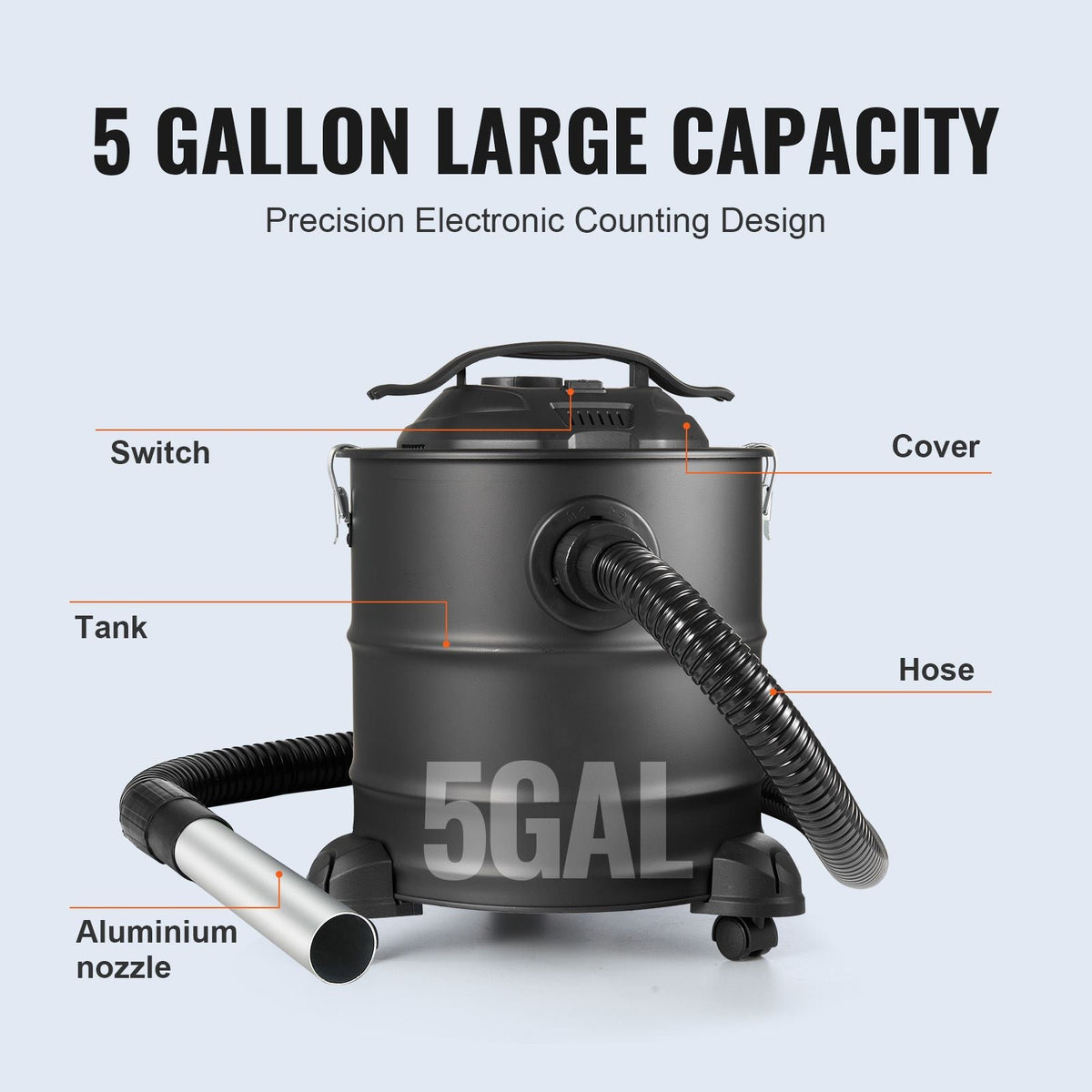 Ash Vacuum Cleaner, 5 Gallon with 1200W Powerful Suction, Fireplace Vacuum with Reverse Suction, 16.4 ft Power Cable, 16 Kpa Max. Vacuum, for Fireplaces, Pellet Stoves, Wood Stove, Log Burner