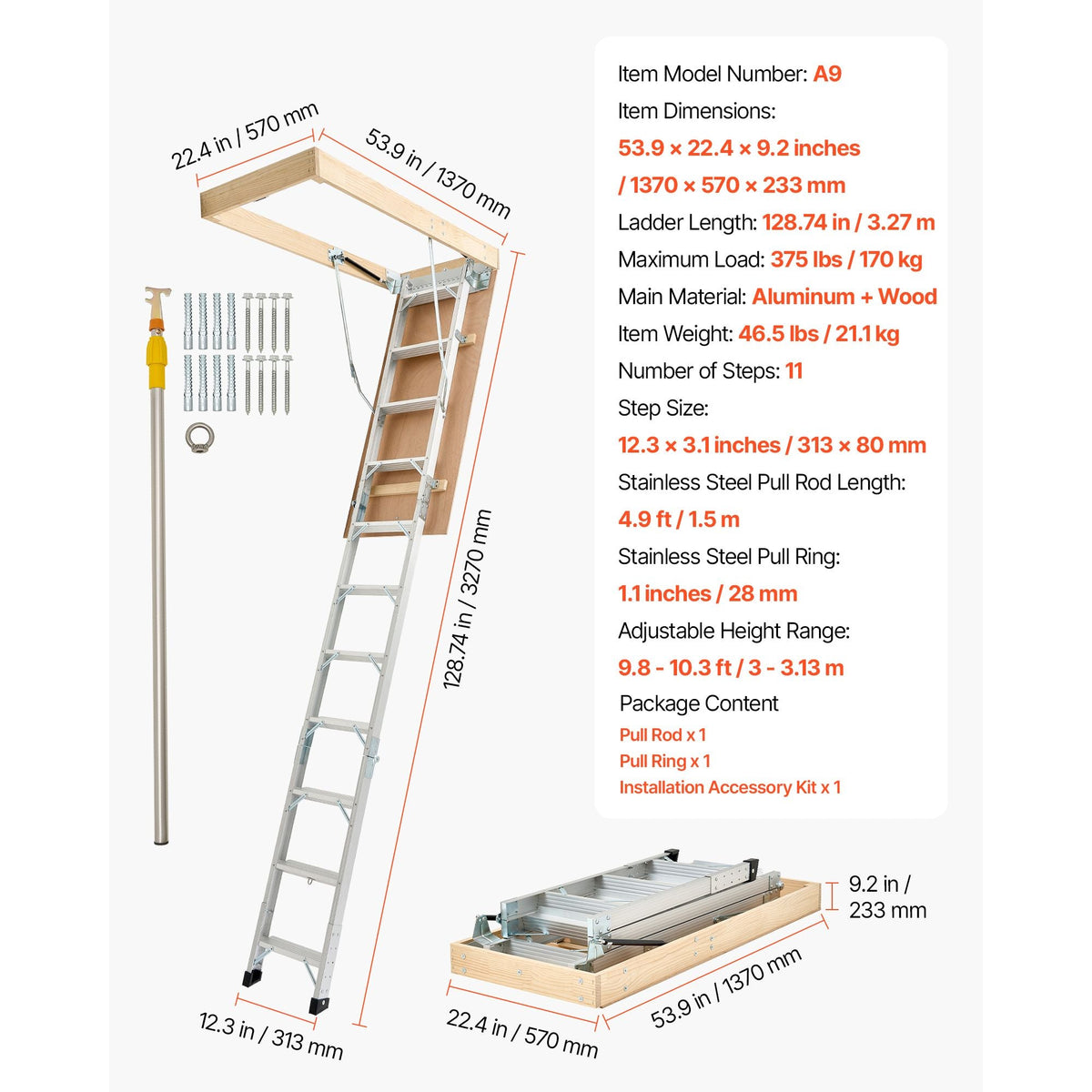 Attic Ladder, 375LBS / 170KG Capacity, 9.8 to 10.3 ft / 3 to 3.13 m Height Adjustable, Multi-Purpose Foldable Aluminium Attic Stairs, Fits 7.66 to 10.25 ft Ceiling Heights for Convenient Access