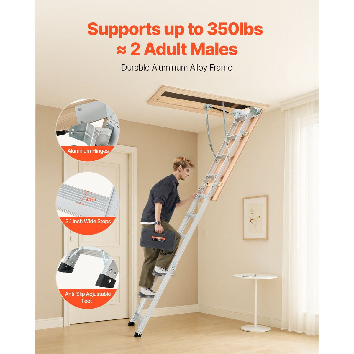 Attic Ladder, 375LBS / 170KG Capacity, 9.8 to 10.3 ft / 3 to 3.13 m Height Adjustable, Multi-Purpose Foldable Aluminium Attic Stairs, Fits 7.66 to 10.25 ft Ceiling Heights for Convenient Access