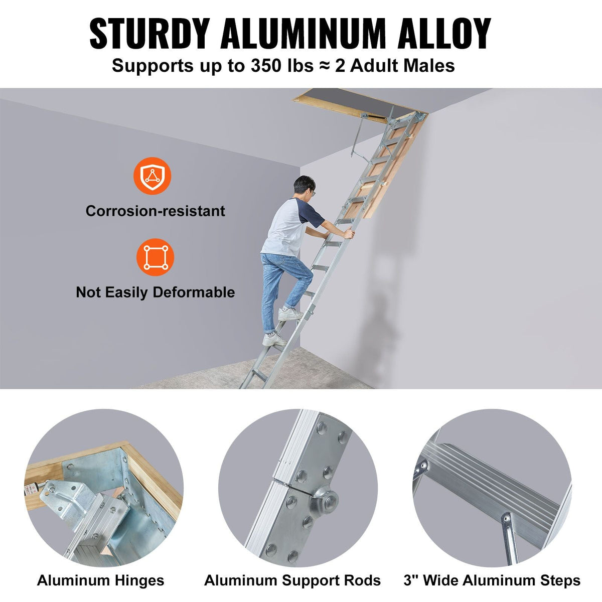 Attic Ladder Foldable, 350-pound Capacity, 22.5" x 63", Multi-Purpose Aluminium Extension, Lightweight and Portable, Fits 9.5'-12' Ceiling Heights, Convenient Access to Your Attic Standard