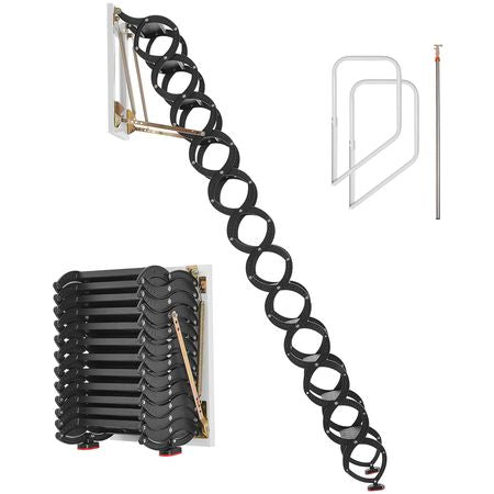 Attic Ladder Wall-Mounted, 660LBS/299.4KG Capacity, Fits 9.5 to 10 ft Ceiling Height, 12-Step Steel Folding Stairs with Handrails, Pull Down Attic Ladders for Attics, Garages, Roofs, Basements