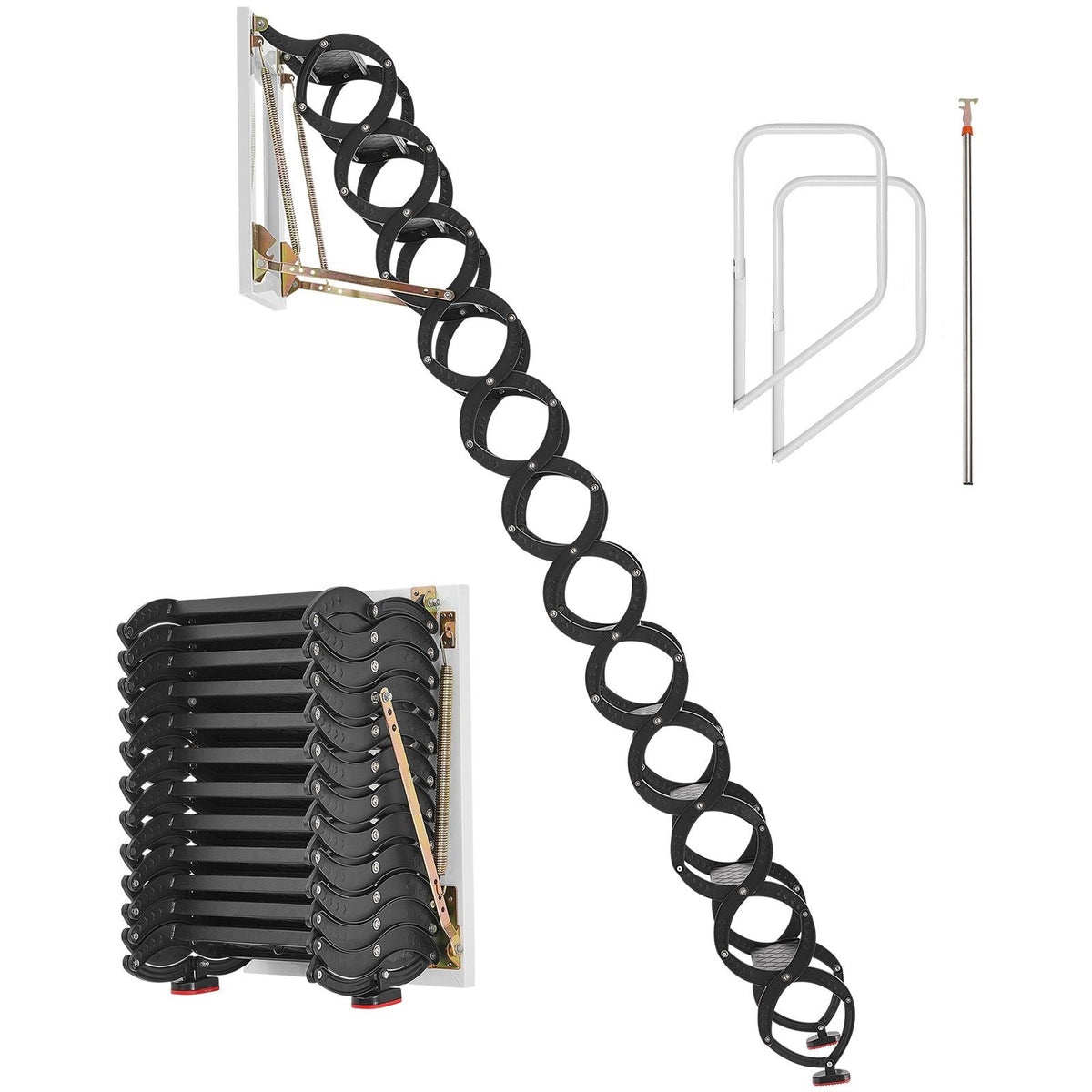 Attic Ladder Wall-Mounted, 660LBS/299.4KG Capacity, Fits 9.5 to 10 ft Ceiling Height, 12-Step Steel Folding Stairs with Handrails, Pull Down Attic Ladders for Attics, Garages, Roofs, Basements