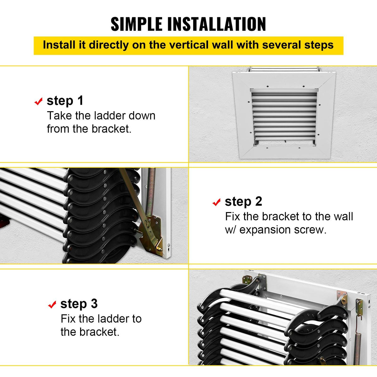 Attic Steps Pull Down 12 Steps Attic Stairs Alloy Attic Access Ladder, Black Pulldown Attic Stairs, Wall-mounted Folding Stairs for Attic, Retractable Attic Ladder with Armrests, 9.8 feet Height