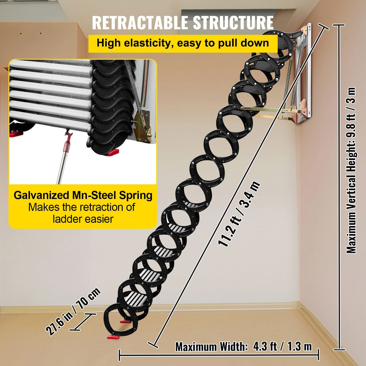Attic Steps Pull Down 12 Steps Attic Stairs Alloy Attic Access Ladder, Black Pulldown Attic Stairs, Wall-mounted Folding Stairs for Attic, Retractable Attic Ladder with Armrests, 9.8 feet Height