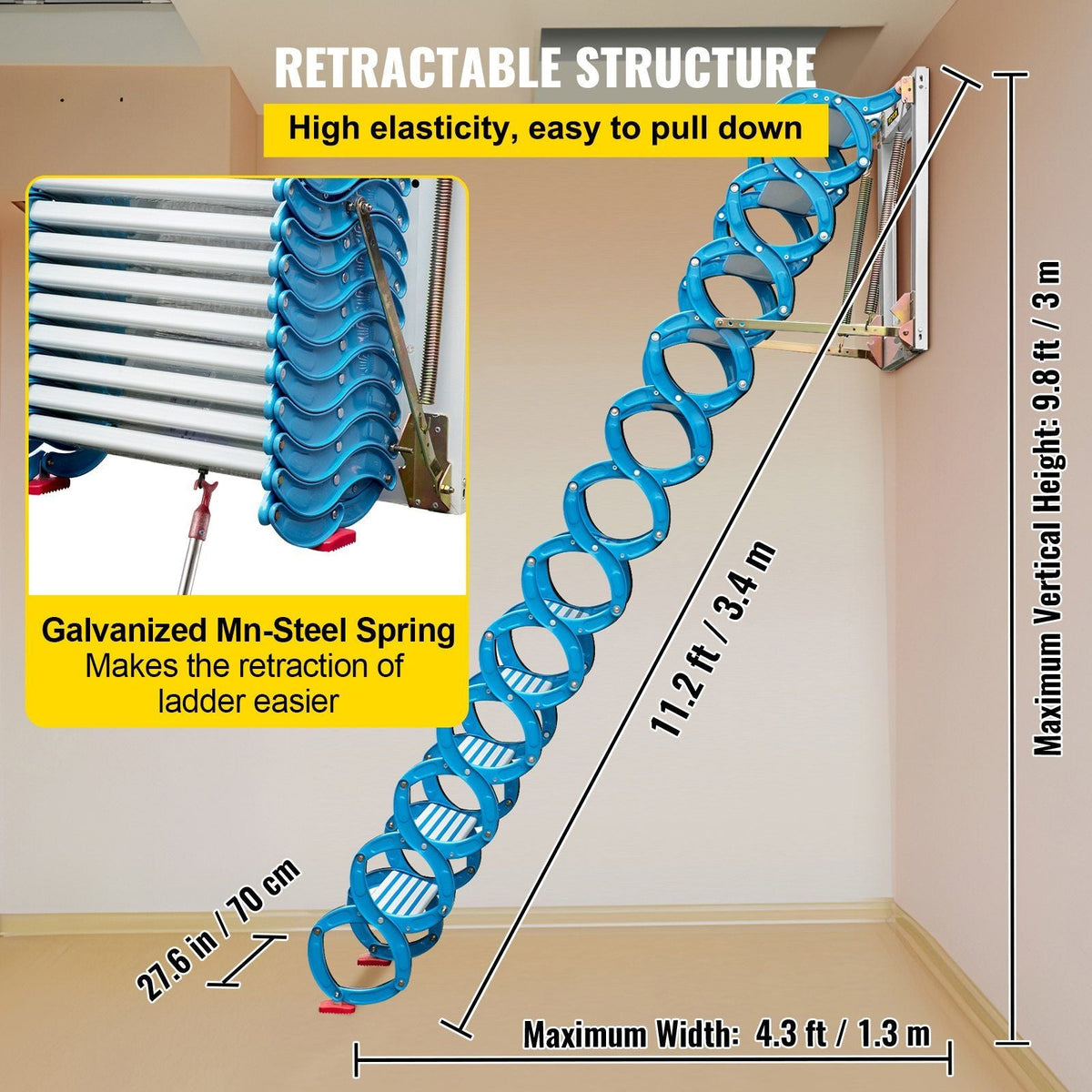 Attic Steps Pull Down 12 Steps Attic Stairs, Alloy Attic Access Ladder, Blue Pulldown Attic Stairs, Wall-mounted Folding Stairs for Attic, Retractable Attic Ladder with Armrests, 9.8 feet Height
