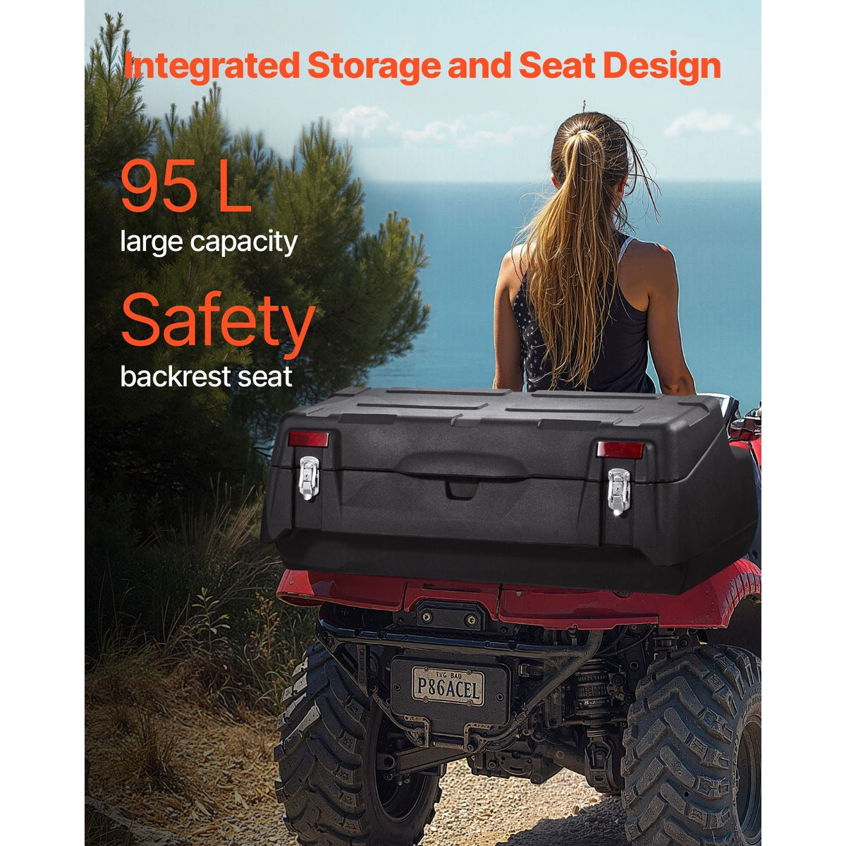 ATV Rear Storage Box, 95L ATV Rear Cargo Box with Padded Backrest, Waterproof LLDPE and Lockable Gear Storage Box Fit Most ATVs with Rear Rack, Compatible with ATV, UTV, Can-Am Vehicles