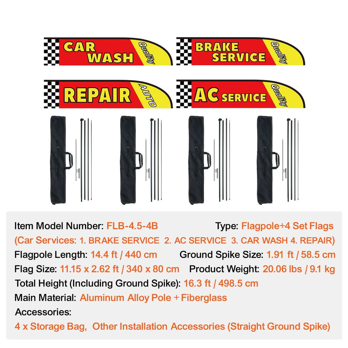 Auto Repair Advertising Feather Flag with Pole Kit, Advertising Flags for Business Outside, Includes 4 Banner Flags, 4 Poles, 4 Ground Stakes, Swooper Flags for Businesses 16.3 FT