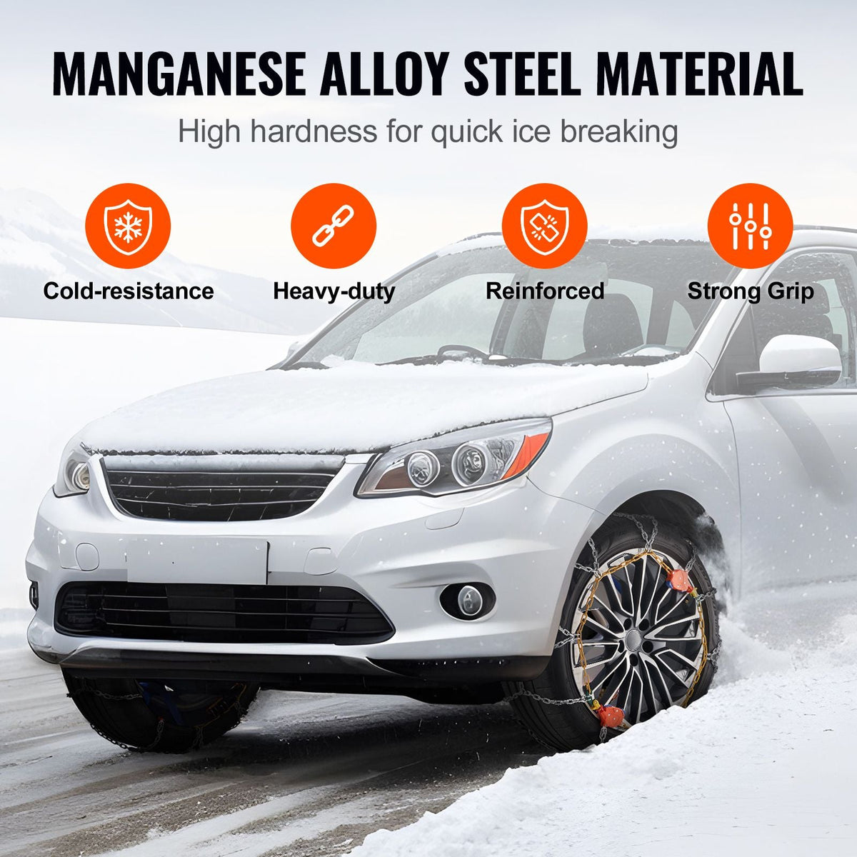 Auto Tightening Snow Chains, Diamond Mesh Traction Wheel Chains for Anti-slip, Manganese Alloy Steel Emergency Tire Chains for Cars, Pickups, SUVs, and Trucks (Set of 2)