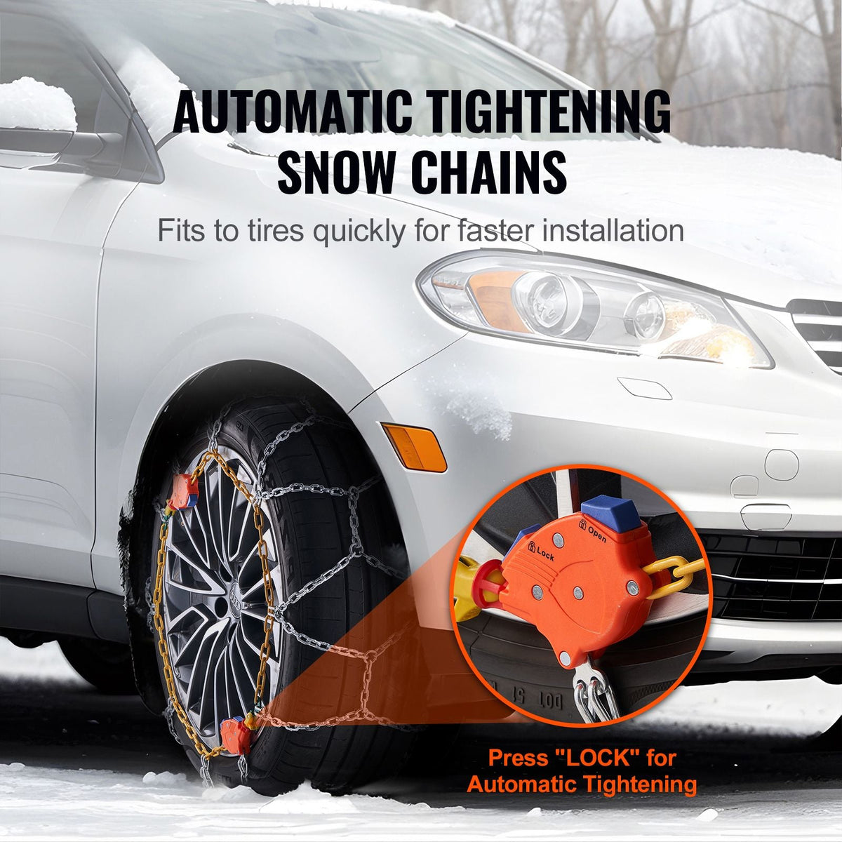 Auto Tightening Snow Chains, Diamond Mesh Traction Wheel Chains for Anti-slip, Manganese Alloy Steel Emergency Tire Chains for Cars, Pickups, SUVs, and Trucks (Set of 2)