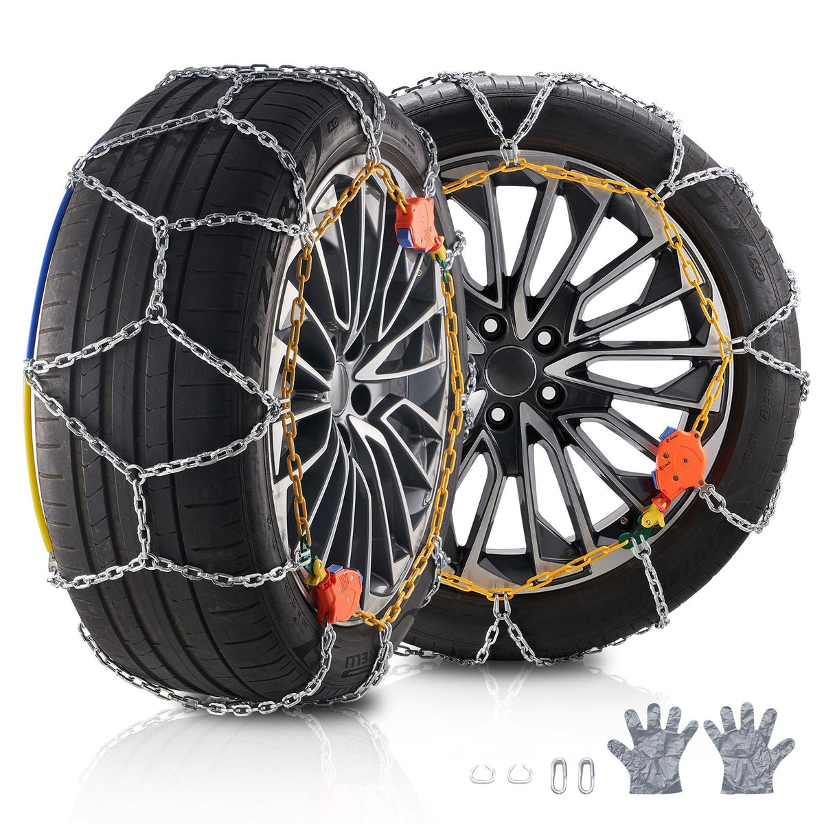 Auto Tightening Snow Chains, Diamond Mesh Traction Wheel Chains for Anti-slip, Manganese Alloy Steel Emergency Tire Chains for Cars, Pickups, SUVs, and Trucks (Set of 2)
