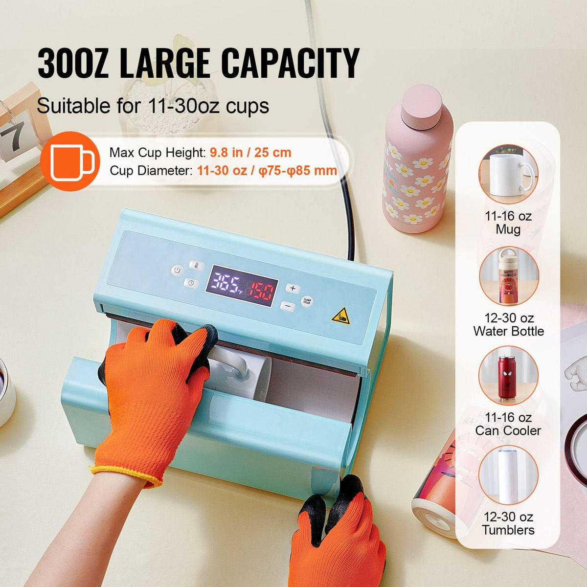 Auto Tumbler Heat Press Machine, Mug Heat Press for 11-30oz Sublimation Tumblers, Heat Up Fast and Even, Tumbler Press with Tape and Glove, Temp and Time Setting, for Tumblers, Cups, Mugs, Blue