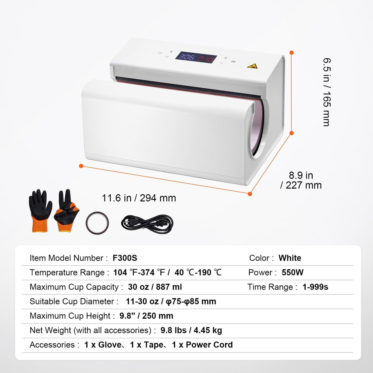 Auto Tumbler Heat Press Machine, Mug Heat Press for 11-30oz Sublimation Tumblers, Heat Up Fast and Even, Tumbler Press with Tape and Glove, Temp and Time Setting, for Tumblers, Cups, Mugs, White