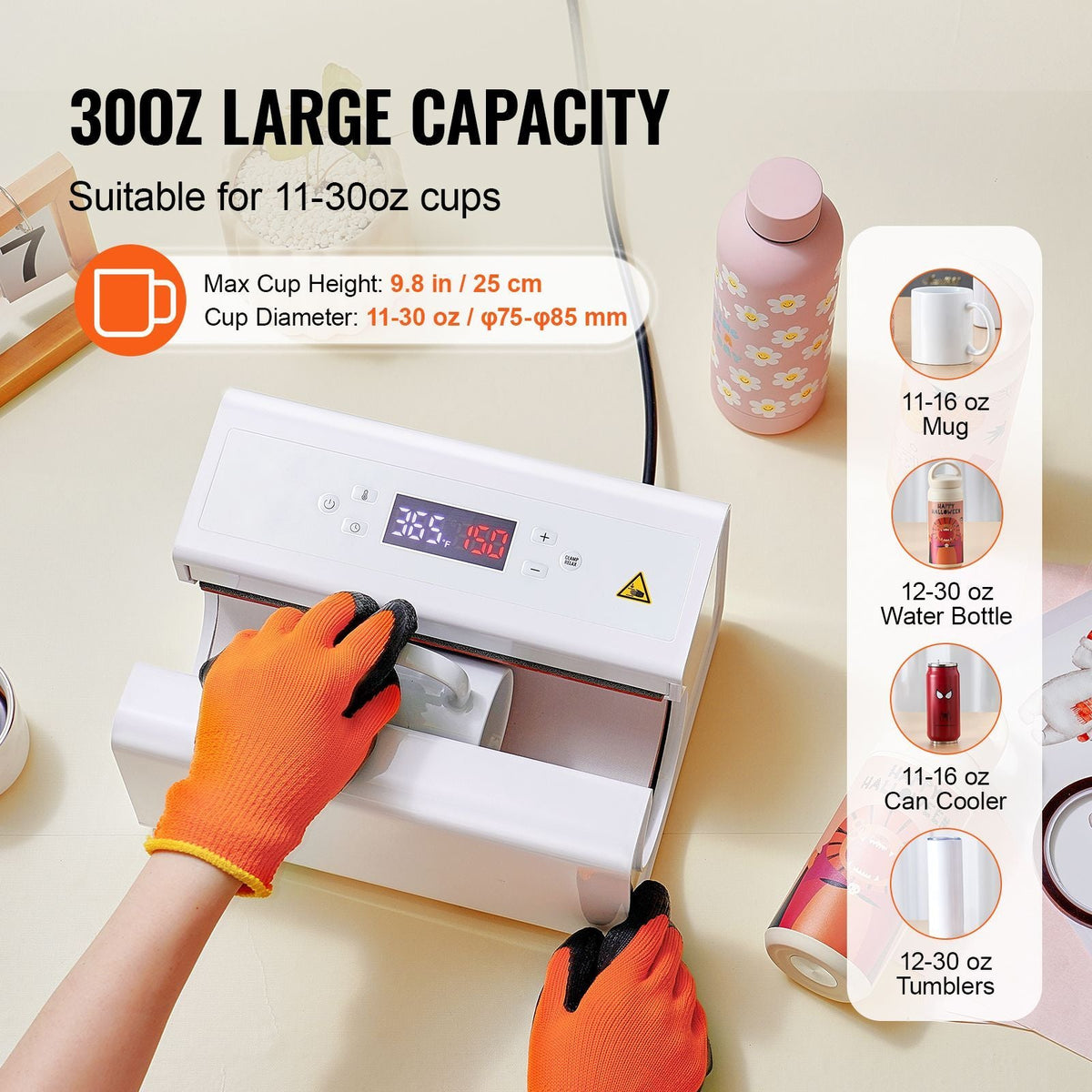 Auto Tumbler Heat Press Machine, Mug Heat Press for 11-30oz Sublimation Tumblers, Heat Up Fast and Even, Tumbler Press with Tape and Glove, Temp and Time Setting, for Tumblers, Cups, Mugs, White