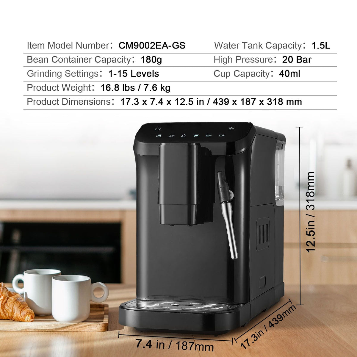 Automatic Espresso Machine, 20 Bar Auto Coffee Machine with Frother Steam Wand, Built-In Grinder and 15-Level Grinding Settings, Professional Espresso Coffee Maker with 1.5L Water Tank