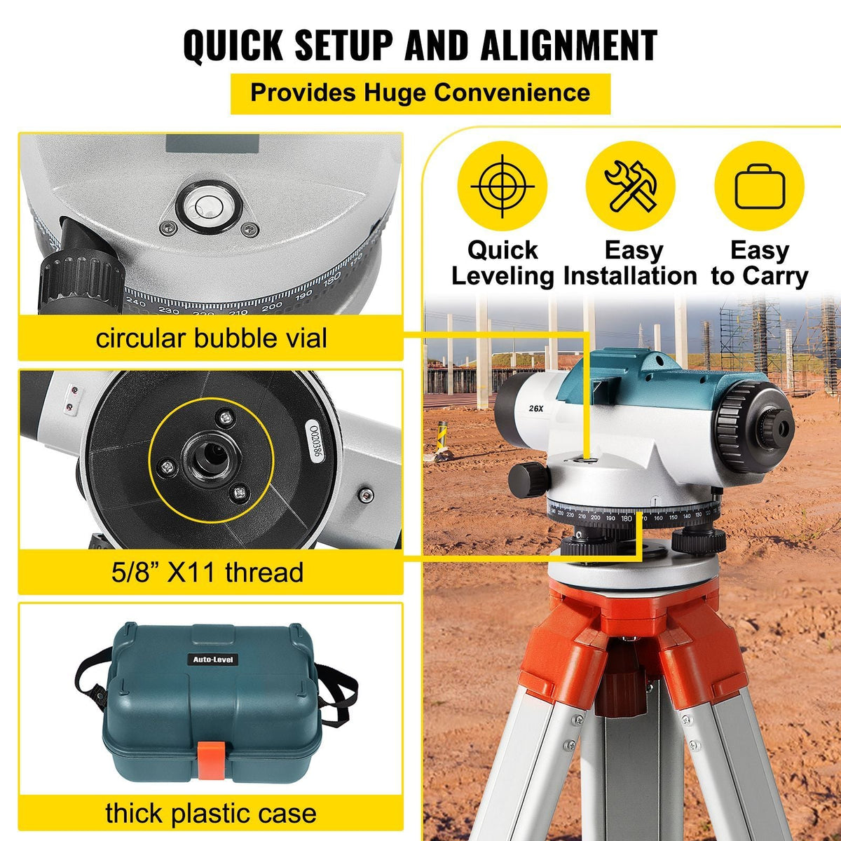 Automatic Optical Level 26X Optical Auto Level Kit High Precision Height/Distance/Angle Level Measure Builders Level with Magnetic Dampened Compensator and Transport Lock, IP54 Waterproof