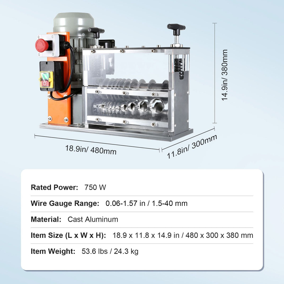 Automatic Wire Stripping Machine, 0.06''-1.57'' Electric Motorized Cable Stripper, 750 W, 98 ft/min Wire Peeler with Visible Stripping Depth Reference, 10 Channels for Scrap Copper Recycling