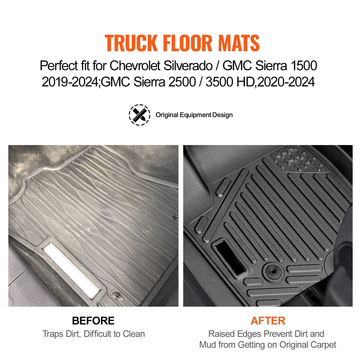 Automotive Floor Mats, Fits for Chevrolet Silverado/GMC Sierra 1500, 2500/3500 HD 2019-2024/2020-2024, 3 pcs Front and 2nd Row Liners, All Weather Custom Fit TPE Vehicle Floor Mats, Black