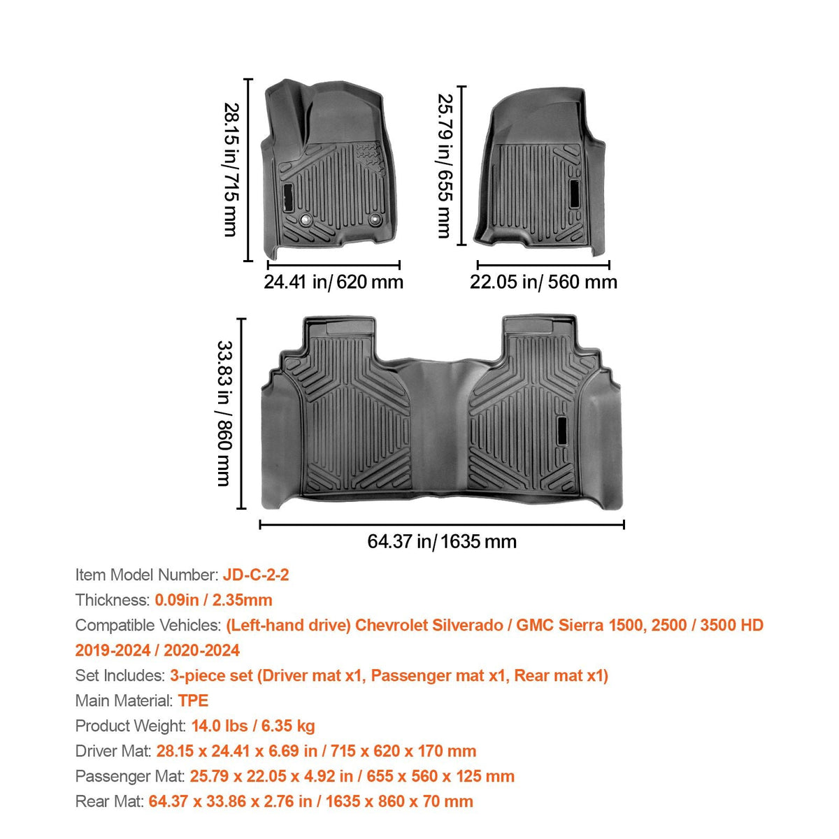 Automotive Floor Mats, Fits for Chevrolet Silverado/GMC Sierra 1500, 2500/3500 HD 2019-2024/2020-2024, 3 pcs Front and 2nd Row Liners, All Weather Custom Fit TPE Vehicle Floor Mats, Black