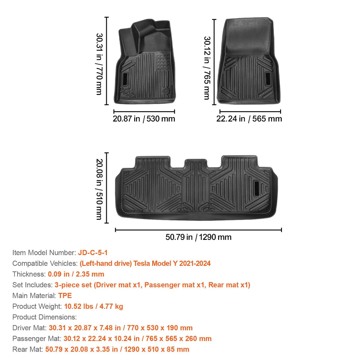 Automotive Floor Mats, Fits for Tesla Model Y 2021-2024, 3 pcs Front and 2nd Row Liners, All Weather Custom Fit TPE Vehicle Floor Mats, Easy to Clean and Secure Floor Liners for SUV, Black