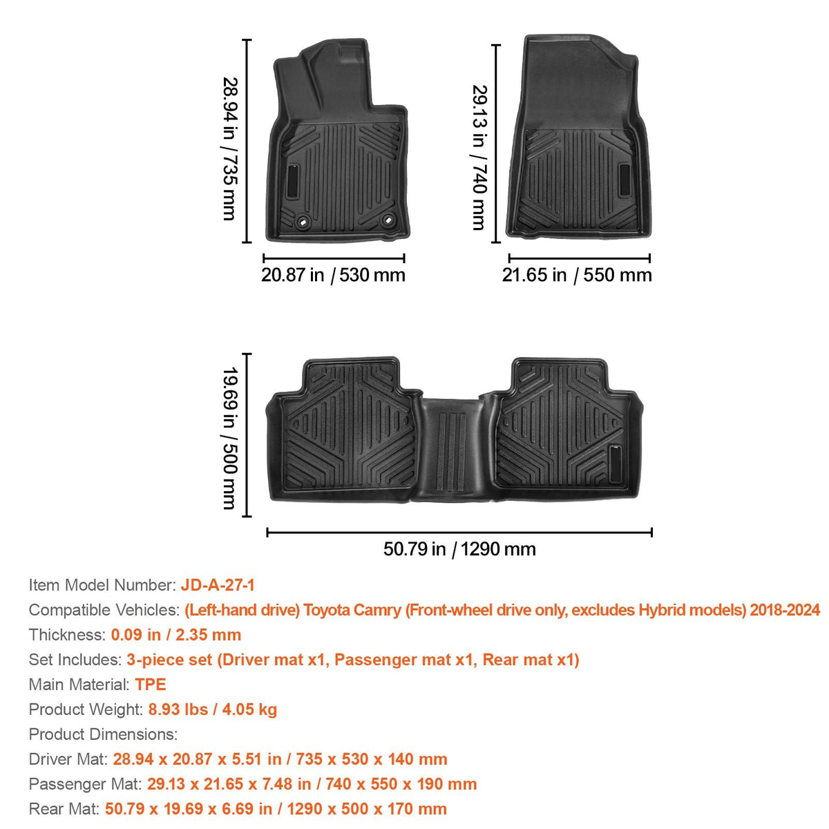Automotive Floor Mats, Fits for Toyota Camry 2018-2024, 3 pcs Front and 2nd Row Liners, All Weather Custom Fit TPE Vehicle Floor Mats, Easy to Clean and Secure Floor Liners for SUV, Black