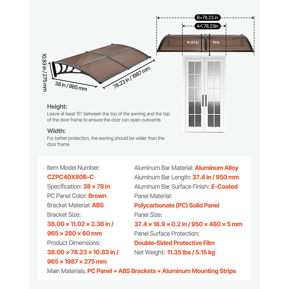 Awnings for Door Entrance, 38 x 78 in, Exterior Front Door Window Awnings with Drainage & Metal Bracket, Rain Snow Sun Protection, Overhang Polycarbonate Door Canopy for Porch Patio, Brown