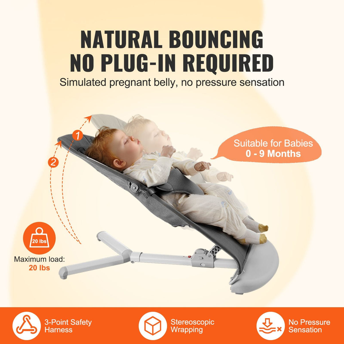 Baby Bouncer, Folding Bouncer Seat for Babies 0-9 Months, Newborn Bouncer Chair with 2 Reclining Angles & 3-Point Harness, Portable Infant Rocker with Carrying Bag for Indoor Outdoor, Dark Gray