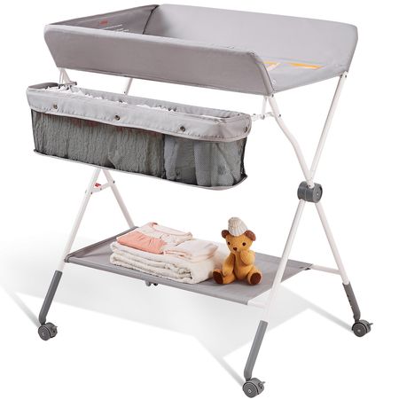 Baby Changing Table, Folding Diaper Changing Station with Lockable Wheels, Portable Changing Table 3-level Adjustable Heights, with Storage Basket & Hanging Racks for Newborns & Infant