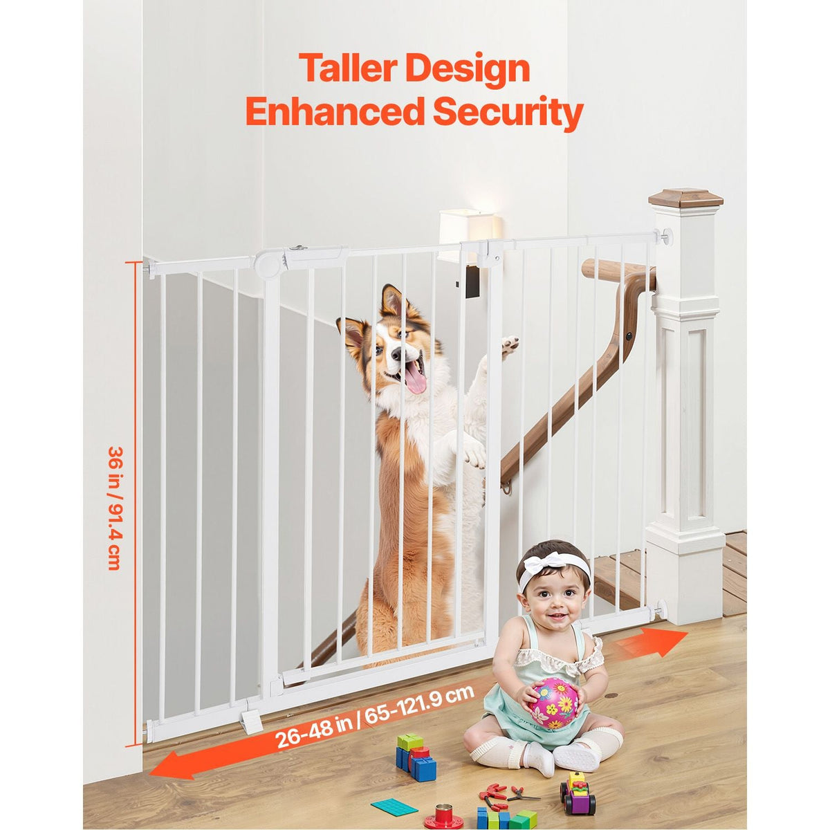 Baby Gate, 26-48 Inches Adjustable Width, 36 Inches High Dog Gate, Easy Step Walk Thru, for Child Pet Security, Pressure Mount Kit, Wall Cups, One-Hand Open, for Stairs and Doorways, White